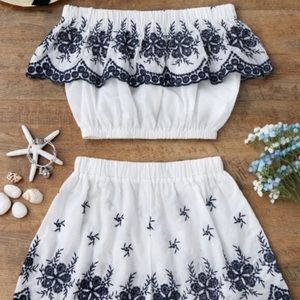 Off Shoulder Embroidered Crop Top and Shorts